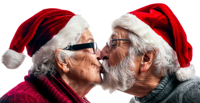 Elderly Couple Sharing a Kiss While Wearing Santa Hats on Transparent Background, Perfect for Heartwarming Holiday Campaigns