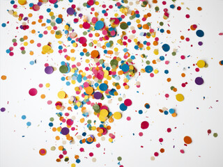 image with a white background, pieces of colorful confetti gently falling from the sky. The confetti small, with consistent shapes such as circles or squares, to create a subtle festive effect