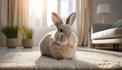 Cute Bunny Rabbit on a Fluffy Rug.