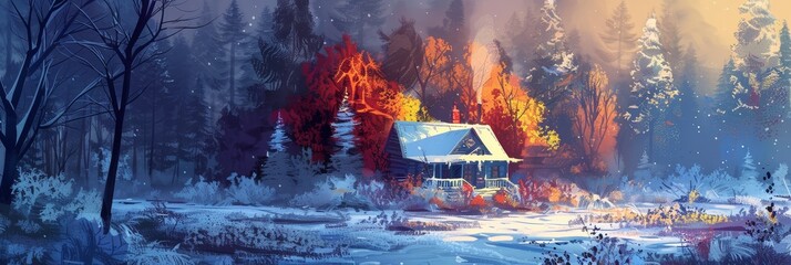 A picturesque scene of a snow-covered cabin nestled amidst a frosty forest, with a warm glow emanating from the windows, symbolizing peace, tranquility