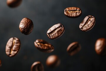 Coffee beans in flight on a dark background with generative ai