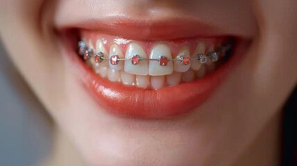 Obraz premium Close-up of a beautiful smile showcasing colorful braces. Perfect for dental and orthodontic marketing,