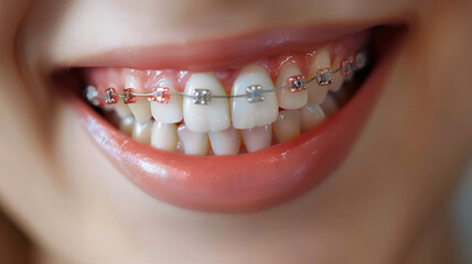 Obraz premium Close-up of a beautiful smile showcasing colorful braces. Perfect for dental and orthodontic marketing,