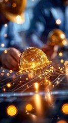 A close-up of a golden construction helmet reflecting a digital network, symbolizing innovation and technology in construction.