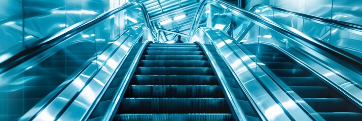 Obraz premium Escalators in a busy airport and shopping mall with a modern, glass, and steel design