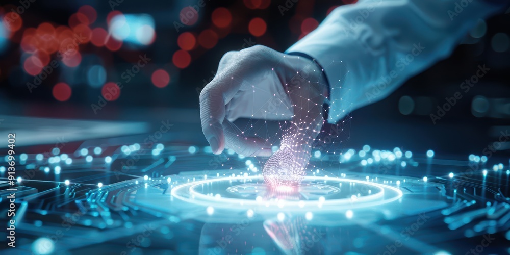 Poster a close-up of a hand interacting with a glowing digital interface, illustrating advanced technology 