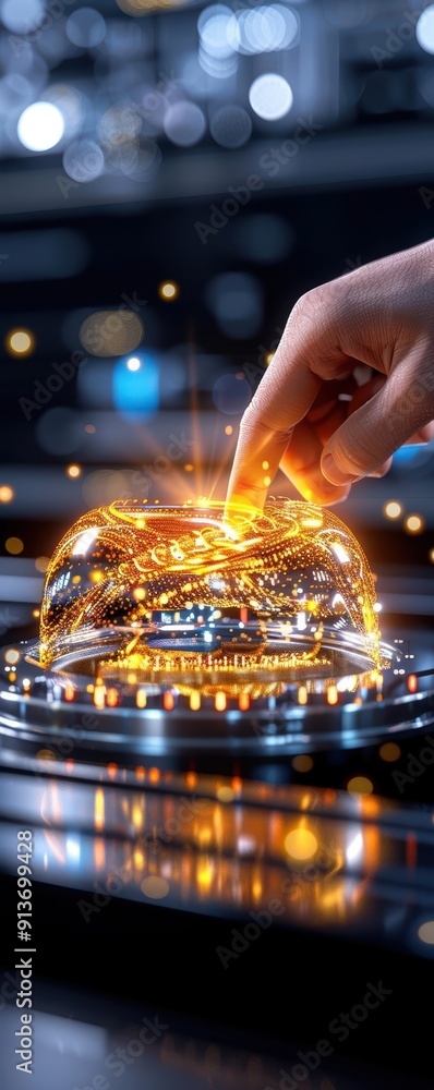 Poster a close-up of a hand interacting with a glowing object, showcasing creativity and modern technology 