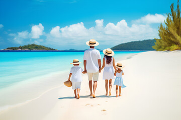 Family beach vacation. Back view of a happy family at tropical beach on summer vacation