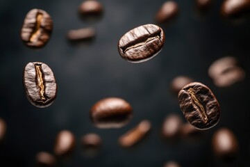 Coffee beans in flight on a dark background with generative ai