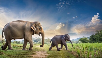 Naklejka premium Mother Elephant and Calf Walking on Path in Green Field.