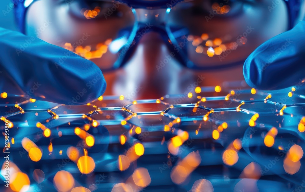 Poster a close-up of a scientist's hands manipulating a glowing hexagonal structure, showcasing advanced te