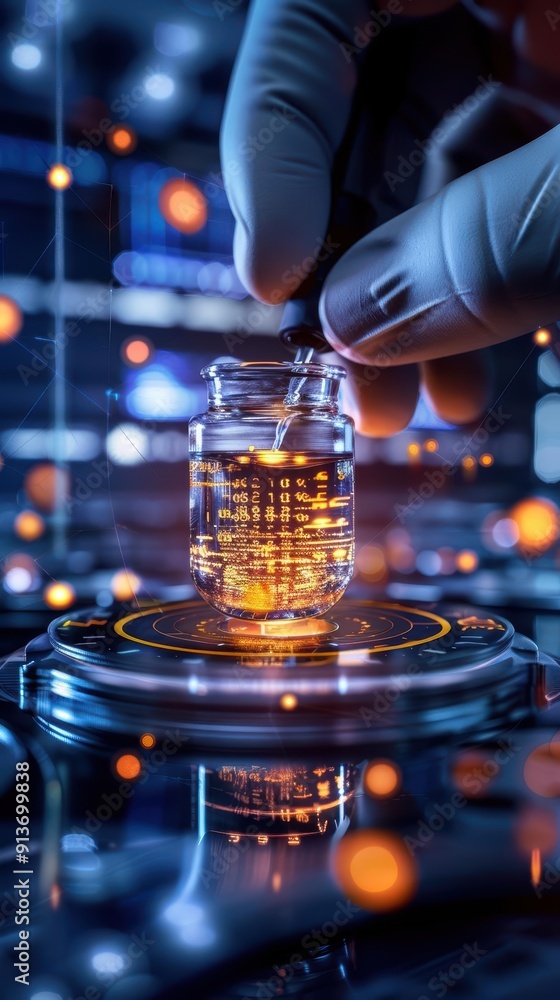 Poster a close-up of a scientist's hand using a pipette to transfer liquid into a glowing vial in a high-te
