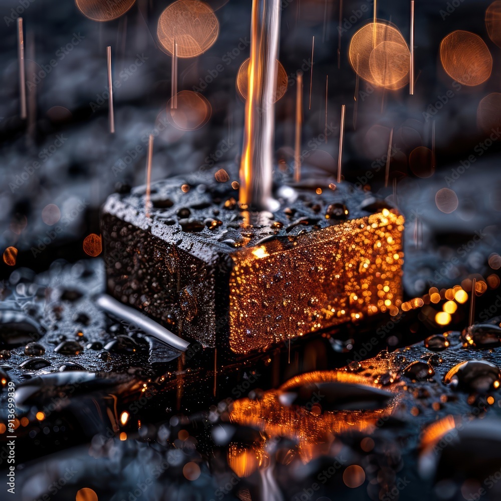 Poster a close-up of a textured surface glistening with water drops, illuminated by vibrant light reflectio