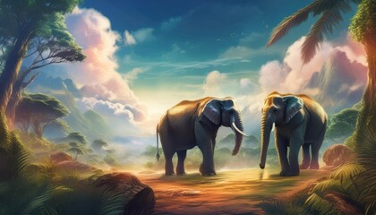 Two Elephants in a Tropical Forest.