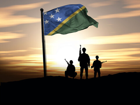 Solomon Islands Independence Day, Solomon Islands flag with soldiers. Photo Illustration