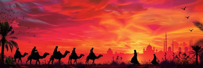 Fototapeta premium A silhouette of a caravan traveling through a desert landscape at sunset, with a city skyline in the background, symbolizing journey, adventure, exploration, culture, and tradition.
