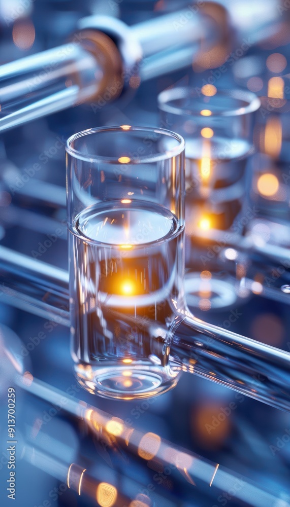 Poster a close-up view of a glass filled with water, illuminated by soft blue light, creating a serene and 