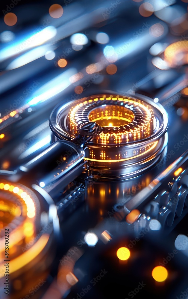 Poster a close-up view of a glowing circuit board with intricate details and vibrant lights, showcasing mod