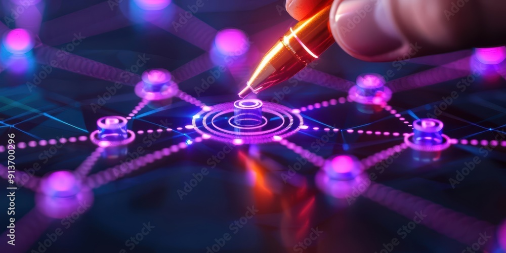 Poster a close-up view of a hand using a pen to interact with a vibrant network of interconnected nodes and