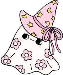 Cute Pastel Halloween Floral Ghost Groovy Retro Cartoon Character Girly Coquette Flower Doodle