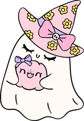 Cute Pastel Halloween Floral Ghost Groovy Retro Cartoon Character Girly Coquette Flower Doodle