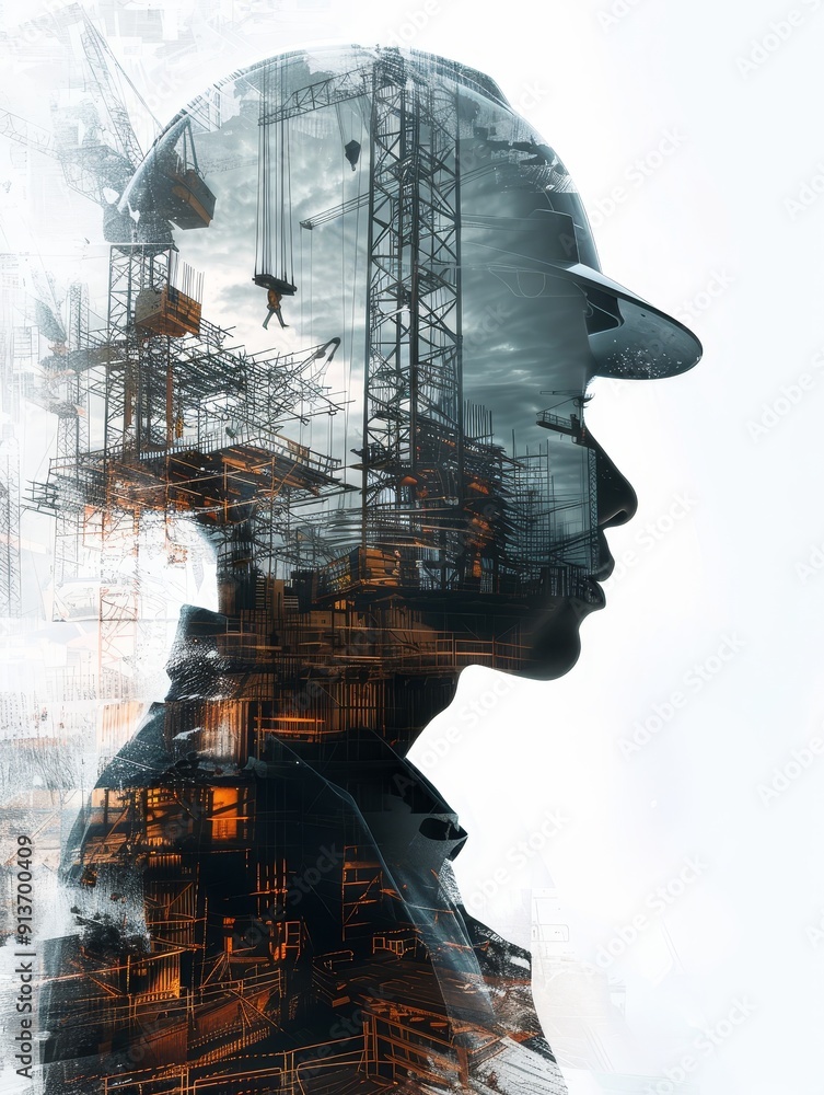 Poster a silhouette of a construction worker with a hard hat, the image is overlaid with a building under c