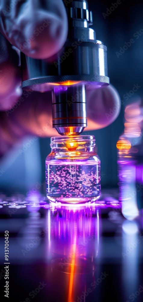 Poster a close-up view of a scientist's hand operating a high-tech device above a vial, showcasing advanced