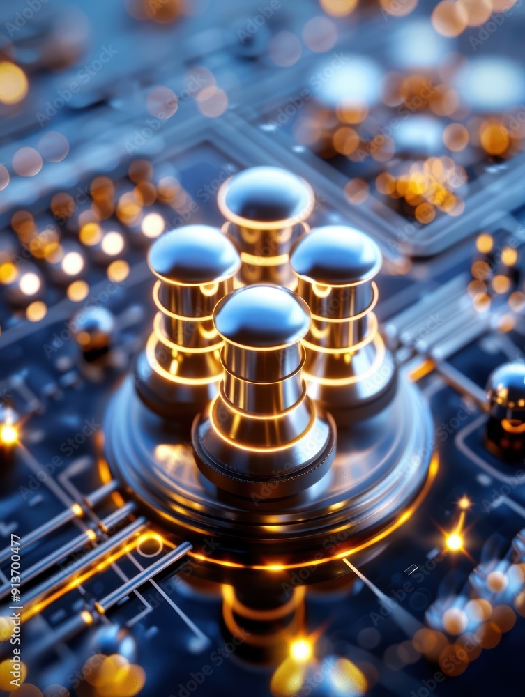 Poster a close-up view of metallic pawns on a circuit board, symbolizing strategy and technology integratio