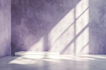 Minimal White Glass Table Corner with Light Beam, Shadow, and Spotlight on the Lavender Concrete Wall Background
