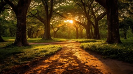 Naklejka premium Sunset Path Through Lush Forest