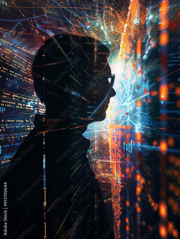 Poster a silhouette of a programmer, facing forward, is immersed in a swirling sea of data and code. the im