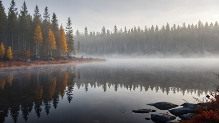 Photograph of a foggy autumn morning on a quiet and relaxing lakeside.