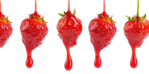Four strawberries dripping with glossy red sauce. The fruits are vibrant and fresh, with the sauce creating a shiny, appetizing appearance. Transparent background png.