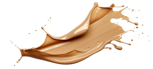 Liquid foundation splash with smooth, glossy texture and beige color. The fluid cosmetic creates a dynamic, flowing shape with small droplets around it. Transparent background png.