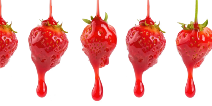 Four strawberries dripping with glossy red sauce. The fruits are vibrant and fresh, with the sauce creating a shiny, appetizing appearance. Transparent background png.