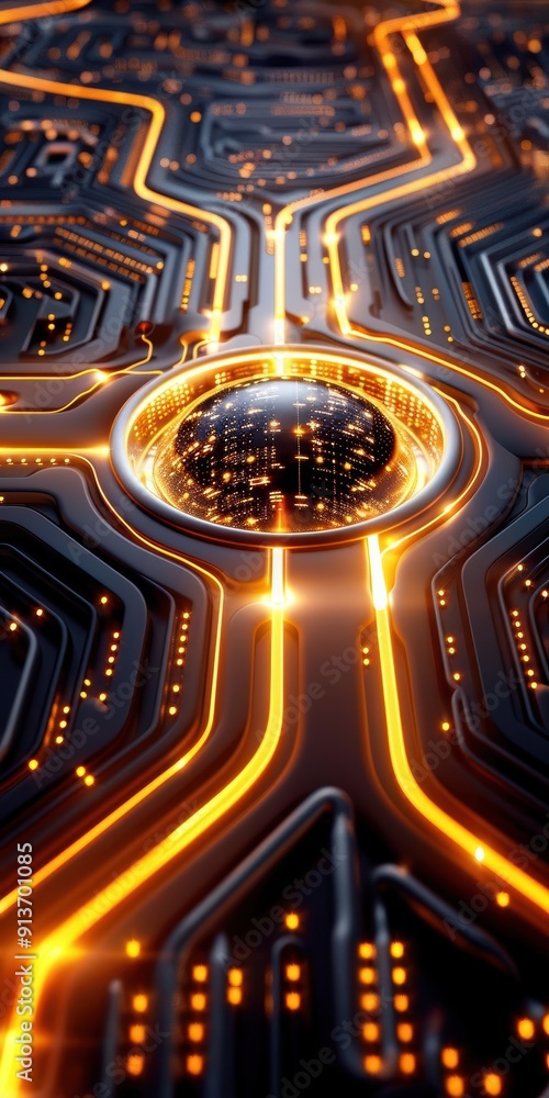 Poster a futuristic circuit board design featuring illuminated connections and a central sphere, showcasing