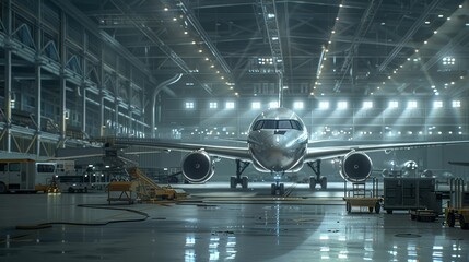 A silver airplane sits in a hangar with bright lights shining on it. The hangar is dark, and the airplane is the only source of light. The airplane is a symbol of travel, adventure, and freedom.