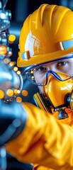 A focused worker in safety gear operates machinery, showcasing the importance of safety and precision in industrial environments.