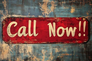 Fototapeta premium Red Retro Vintage Call Now Sign on Aged Blue Peeling Painted Grunge Wall Generative Illustration