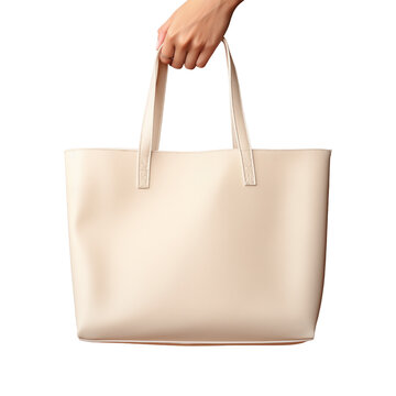 woman hand holding a white tote bag, isolated on transparent background, png
