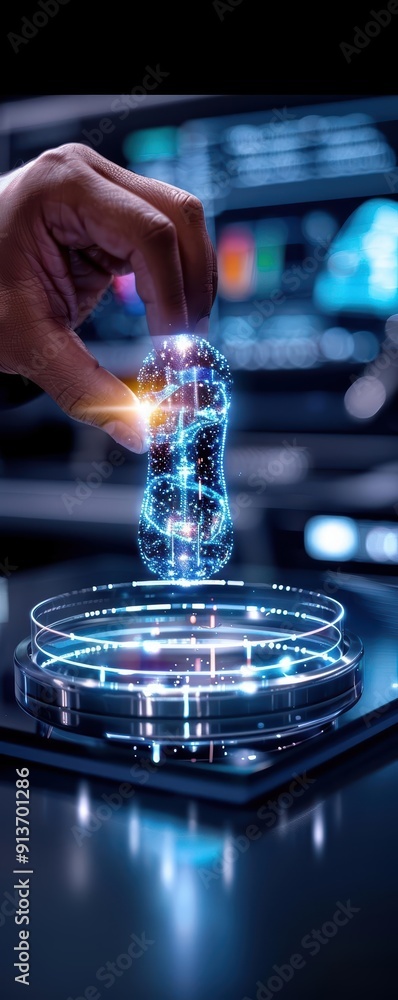 Poster a futuristic hand interacting with a glowing holographic object over a high-tech interface, symboliz