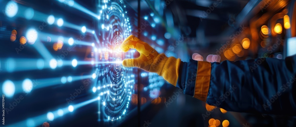 Poster a futuristic interaction with a glowing digital interface, showcasing technology and innovation in a