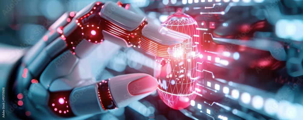 Aufkleber a futuristic robotic hand interacting with glowing technology, showcasing innovation in automation a