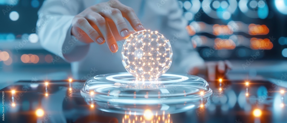 Poster a futuristic scene showcasing a hand interacting with a glowing spherical object, surrounded by high