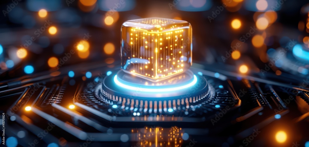 Poster a glowing cube secured in a futuristic tech environment, showcasing intricate circuits and vibrant l