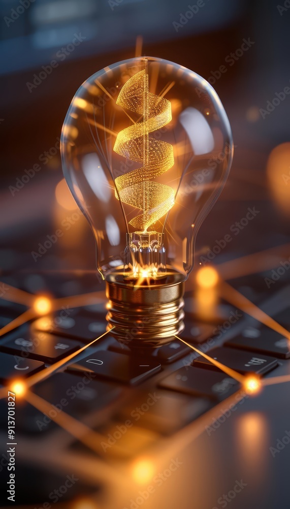 Poster a glowing light bulb symbolizing innovation and creativity sits atop a computer keyboard, representi