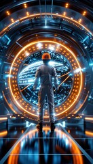 Obraz premium A futuristic traveler stands before a glowing portal, immersed in a world of light and technology, ready for adventure.