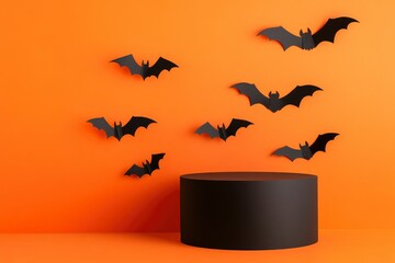 Creative Halloween composition with paper bats, podium and orange background. Suitable for Product Display and Business Concept with generative ai