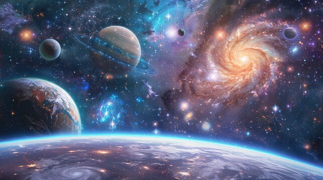 A cosmic symphony: The vibrant tapestry of stars and planets dance in a mesmerizing space odyssey for your background business, poster, wallpaper, banner, backdrop, greeting cards, and advertising