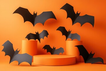 Fototapeta premium Creative Halloween composition with paper bats, podium and orange background. Suitable for Product Display and Business Concept with generative ai